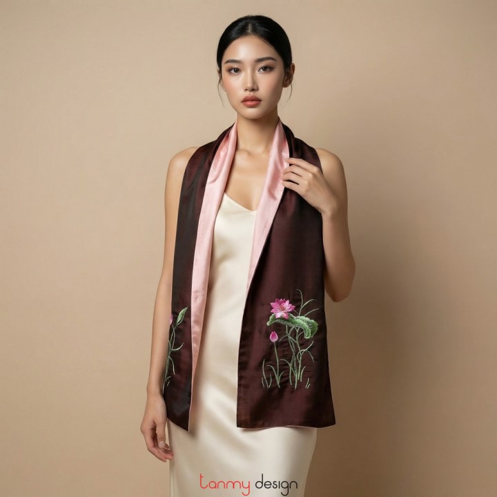 Khăn lụa 2 mặt nâu thêu hoa sen 25*200 cm- Mẫu 1